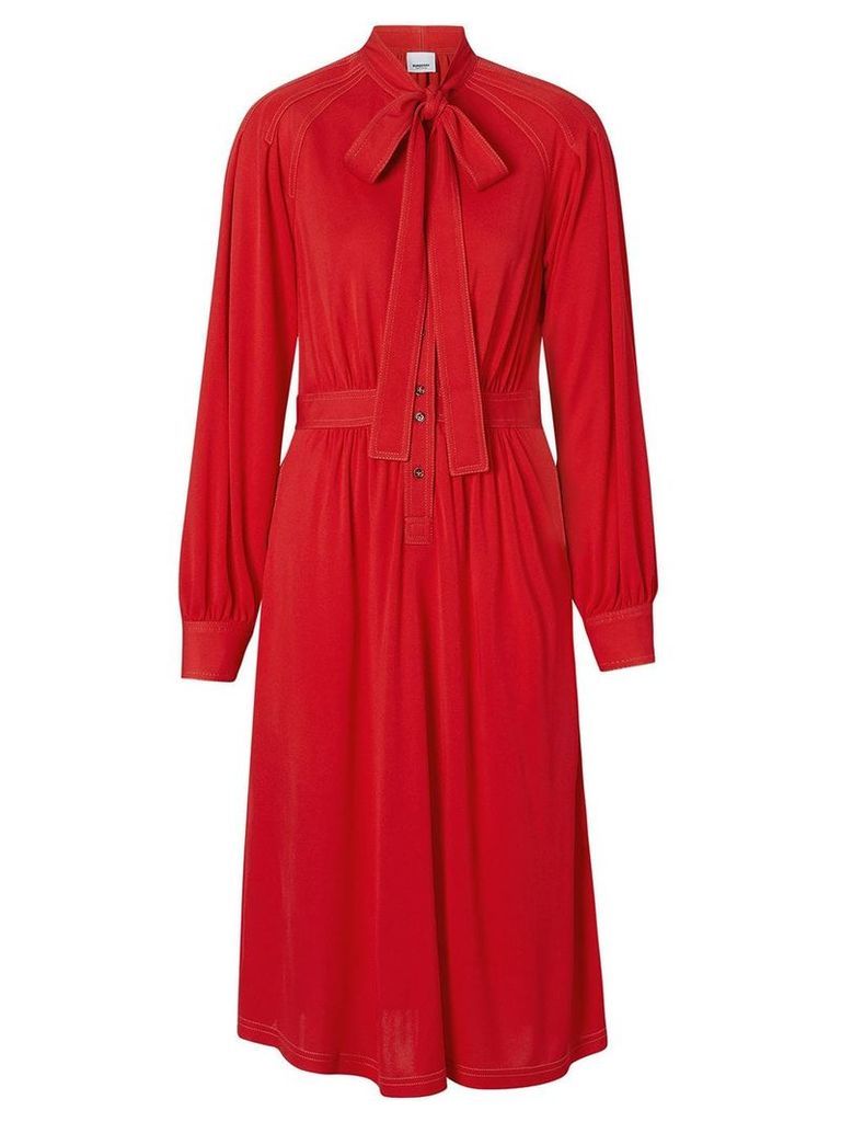 Burberry Topstitch Detail Jersey Tie-neck Dress - Red