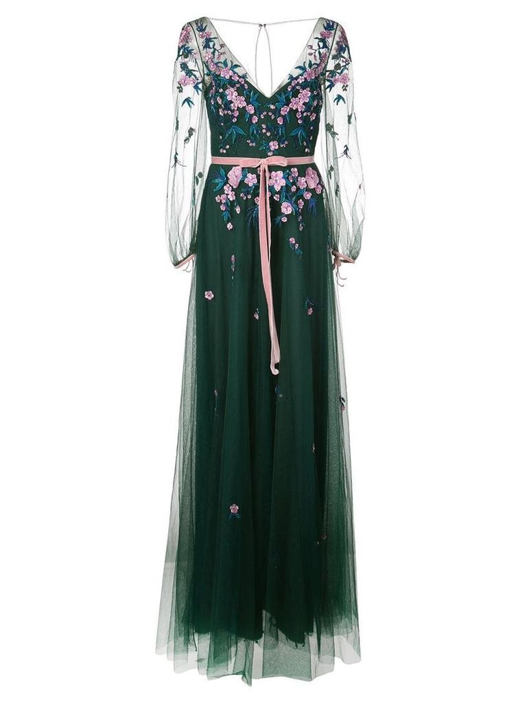 Marchesa Notte floral tulle long dress - Green