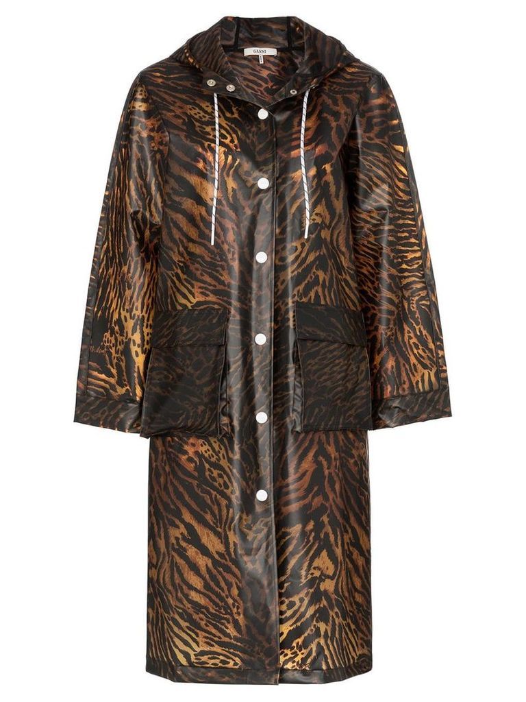 GANNI tiger-print hooded raincoat - Brown