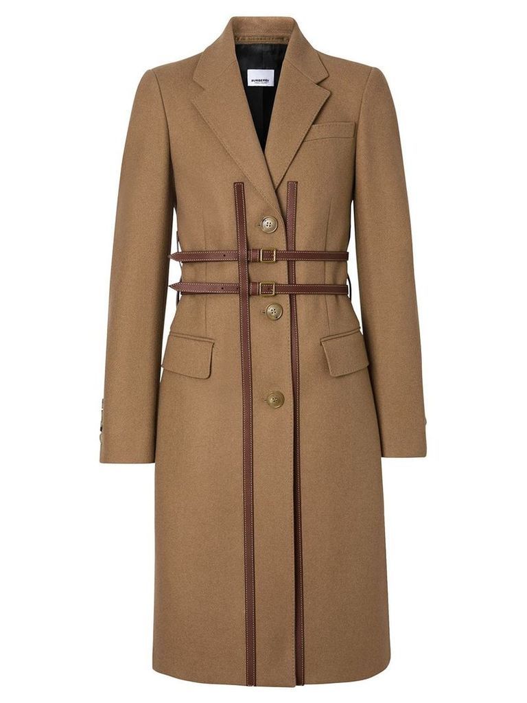 Burberry Leather Harness Detail Wool Tailored Coat - Brown