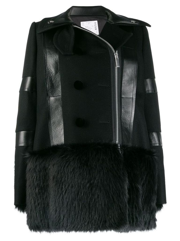 Sacai faux fur-trimmed coat - Black