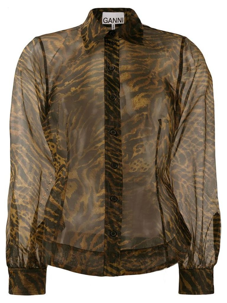 GANNI tiger print sheer shirt - Brown