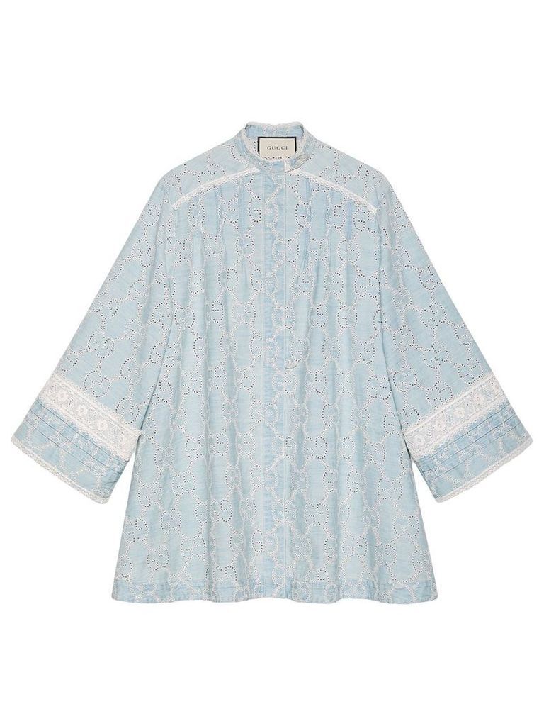 Gucci GG embroidered denim dress with lace - Blue