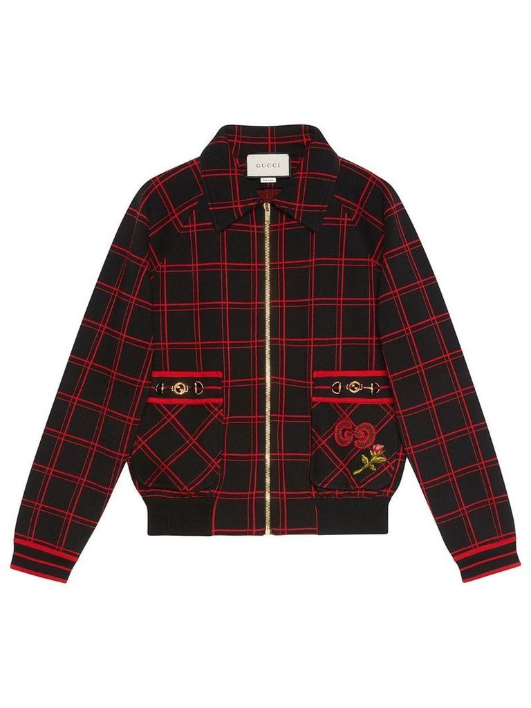 Gucci Check wool bomber with patches - Black