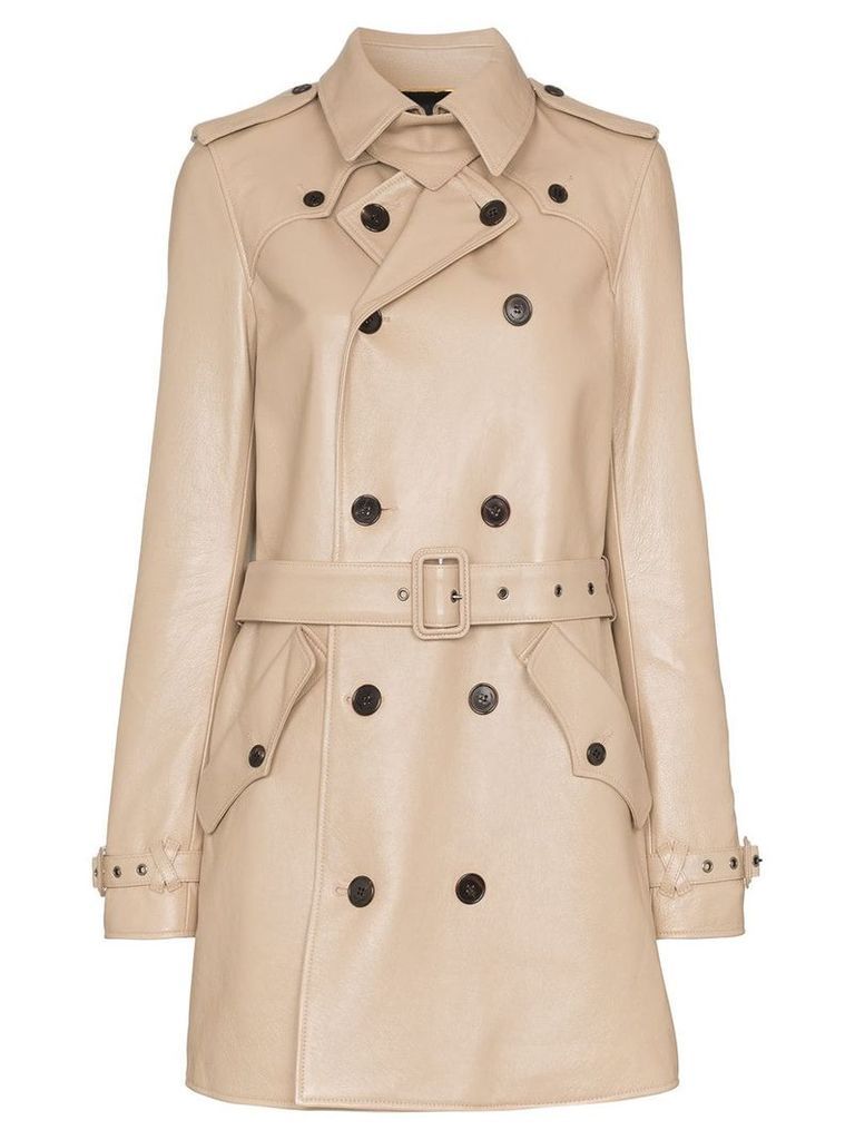 Saint Laurent double-breasted leather trench coat - NEUTRALS