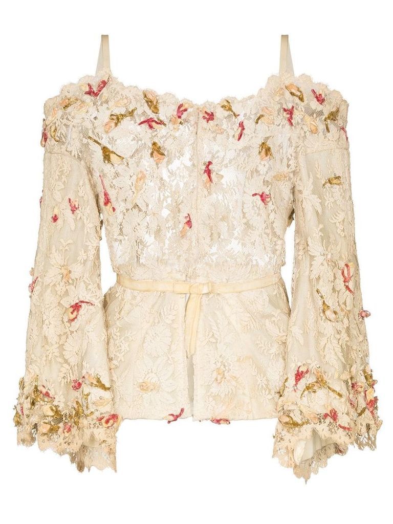 One Vintage flower appliqué lace blouse - NEUTRALS