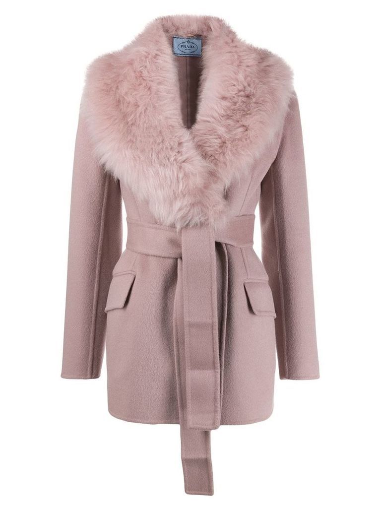 Prada furry collar belted coat - PINK