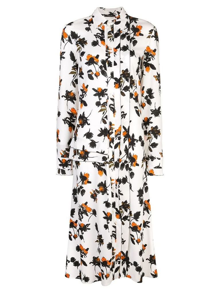 Derek Lam Floating Floral Long Sleeve Maxi Shirt Dress with Pleats -