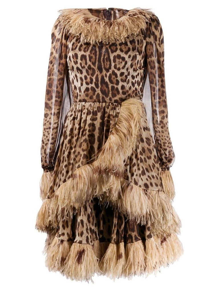 Dolce & Gabbana feather trim leopard-print dress - Brown