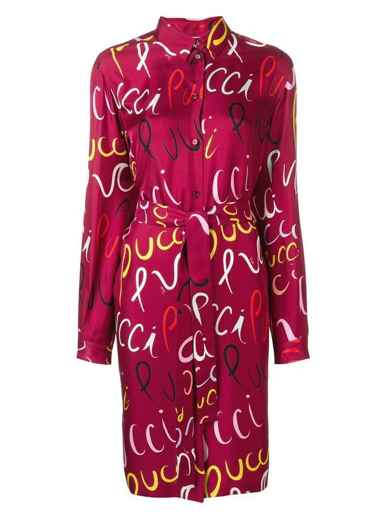 Emilio Pucci Pucci Logo Print Silk Belted Shirt Dress - Red
