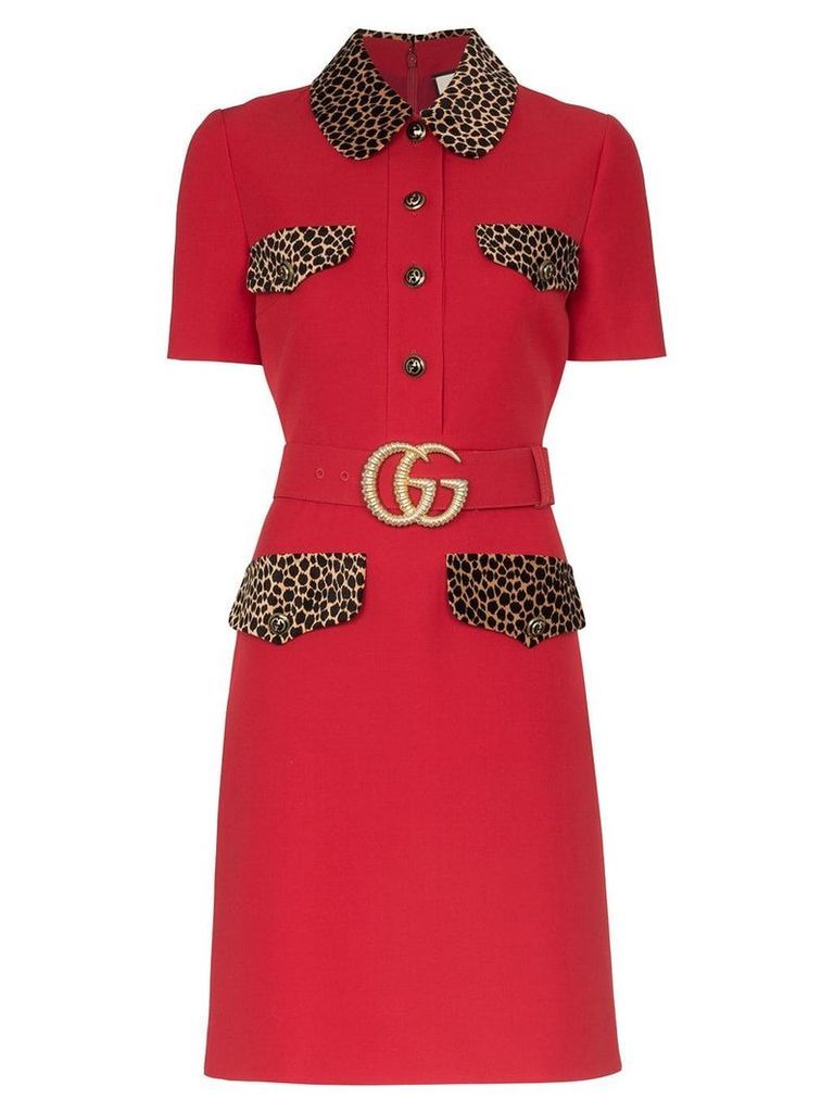 Gucci leopard-print trim belted dress - Red