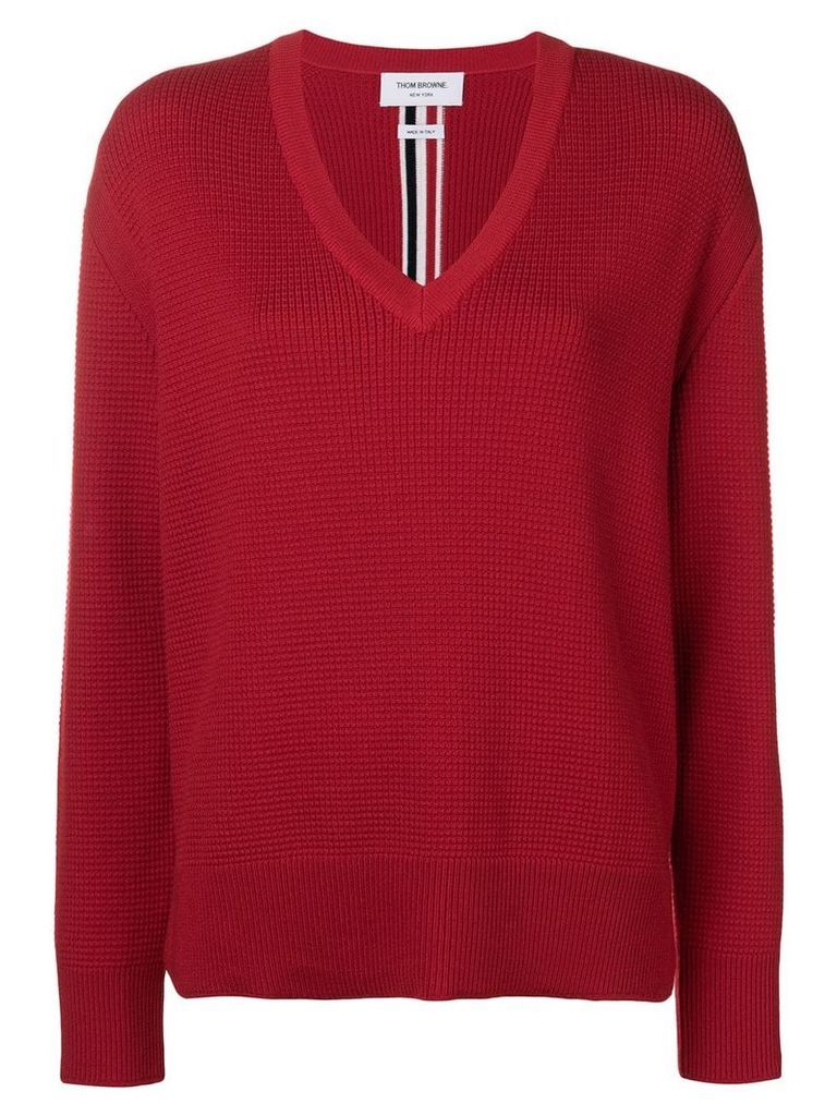 Thom Browne Intarsia Stripe Boxy V-Neck Pullover - Red