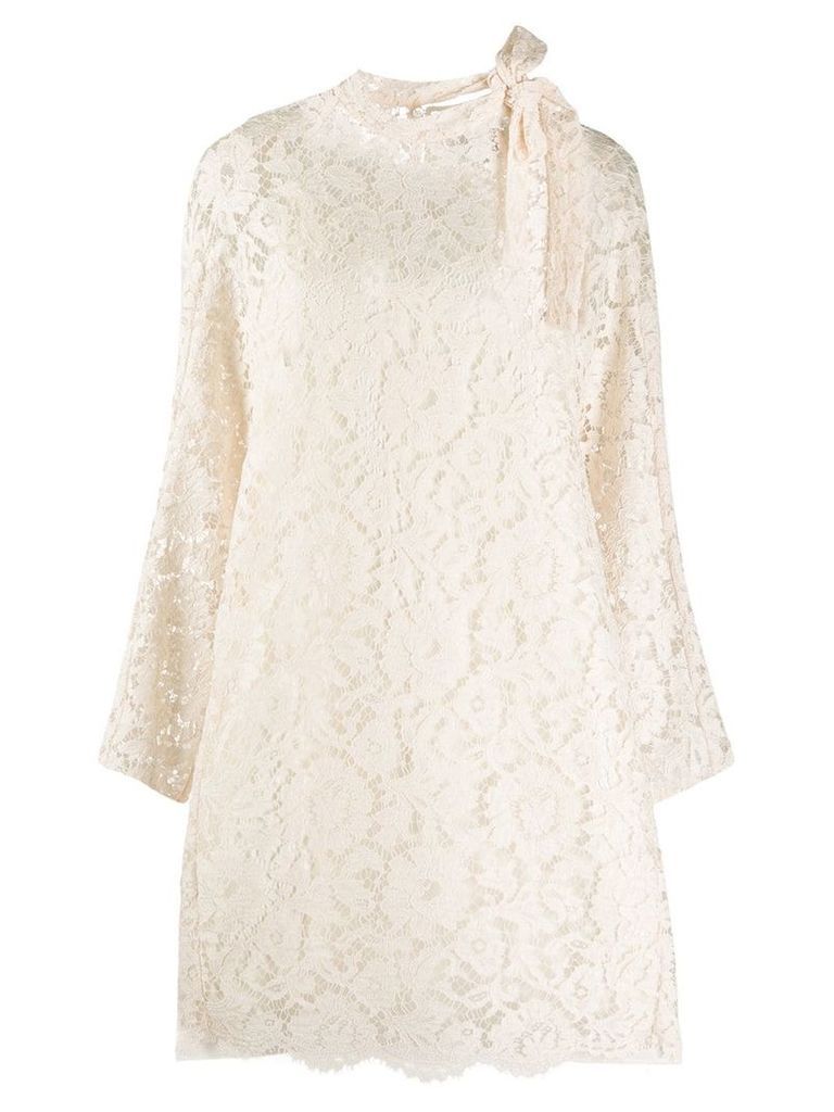 Valentino floral lace neck bow dress - White