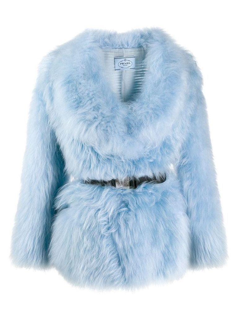 Prada belted goat fur coat - Blue