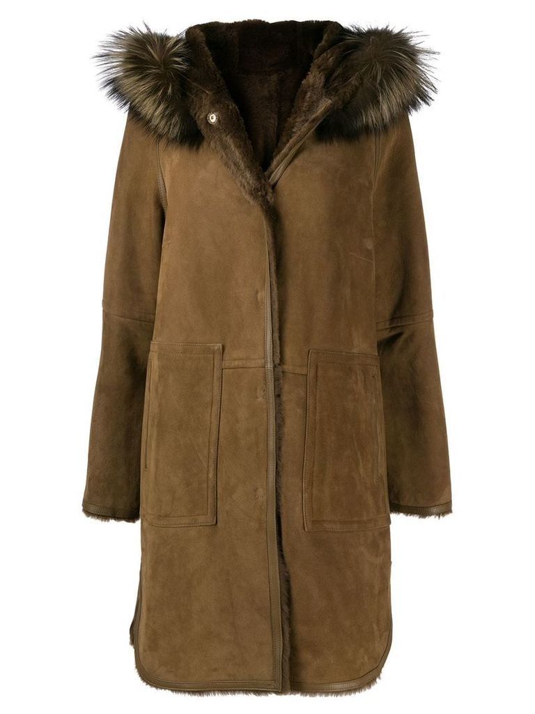 Yves Salomon trimmed hood textured coat - Brown