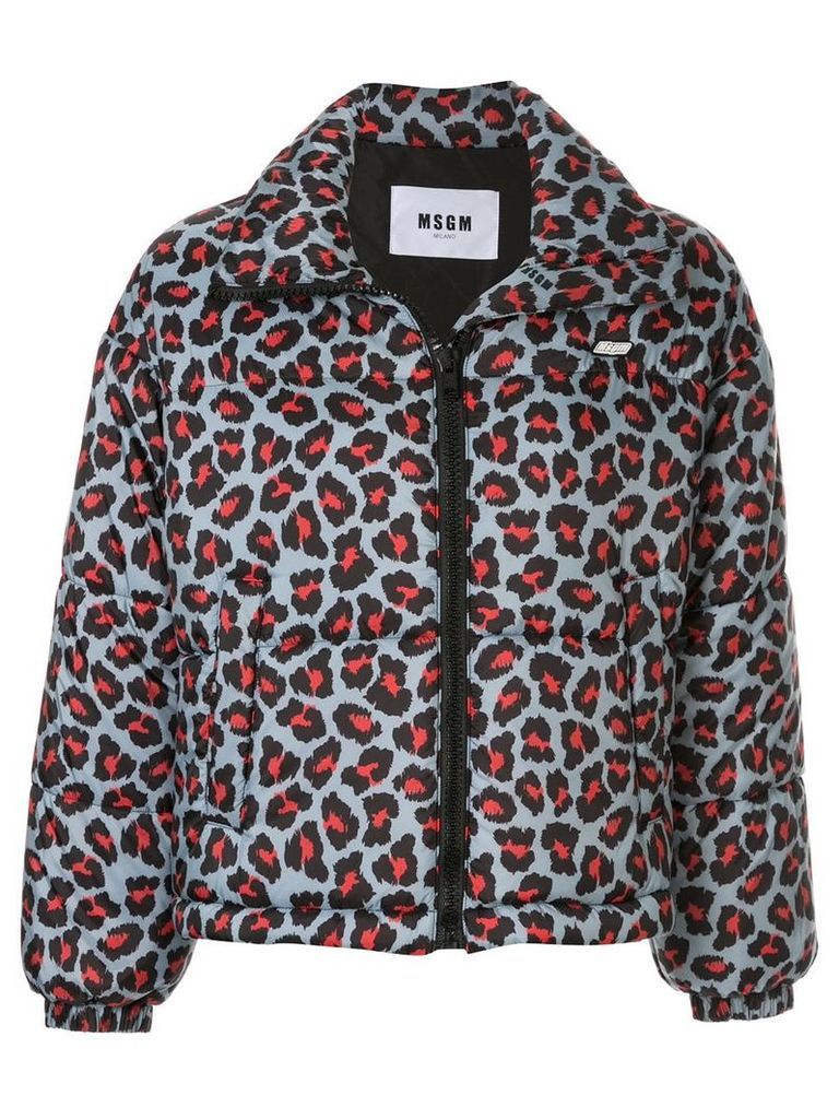 MSGM leopard print zip-up puffer jacket - Blue