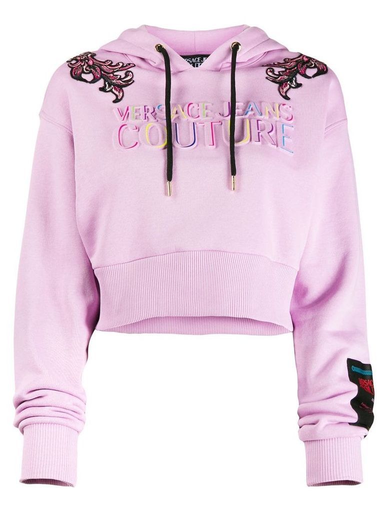 Versace Jeans Couture logo embroidered cropped hoodie - PINK