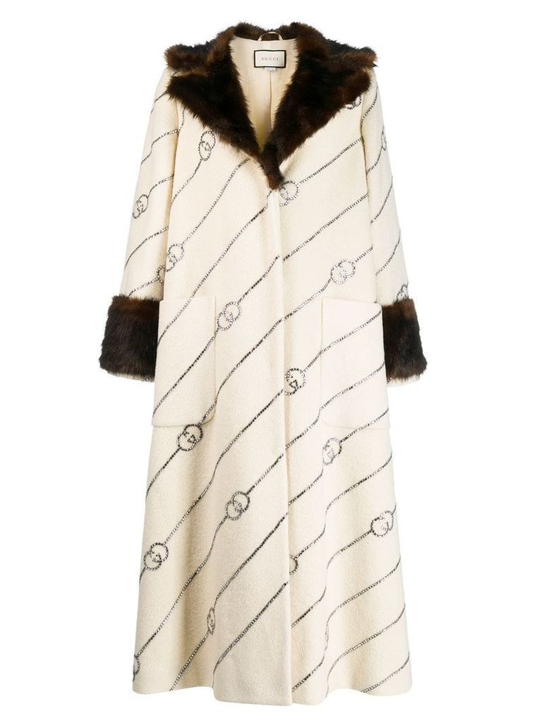 Gucci fur collar monogrammed coat - White