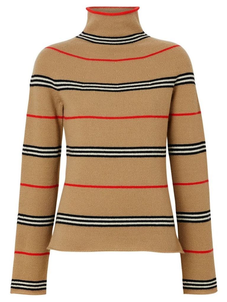 Burberry Icon Stripe Cashmere Turtleneck Sweater - Brown
