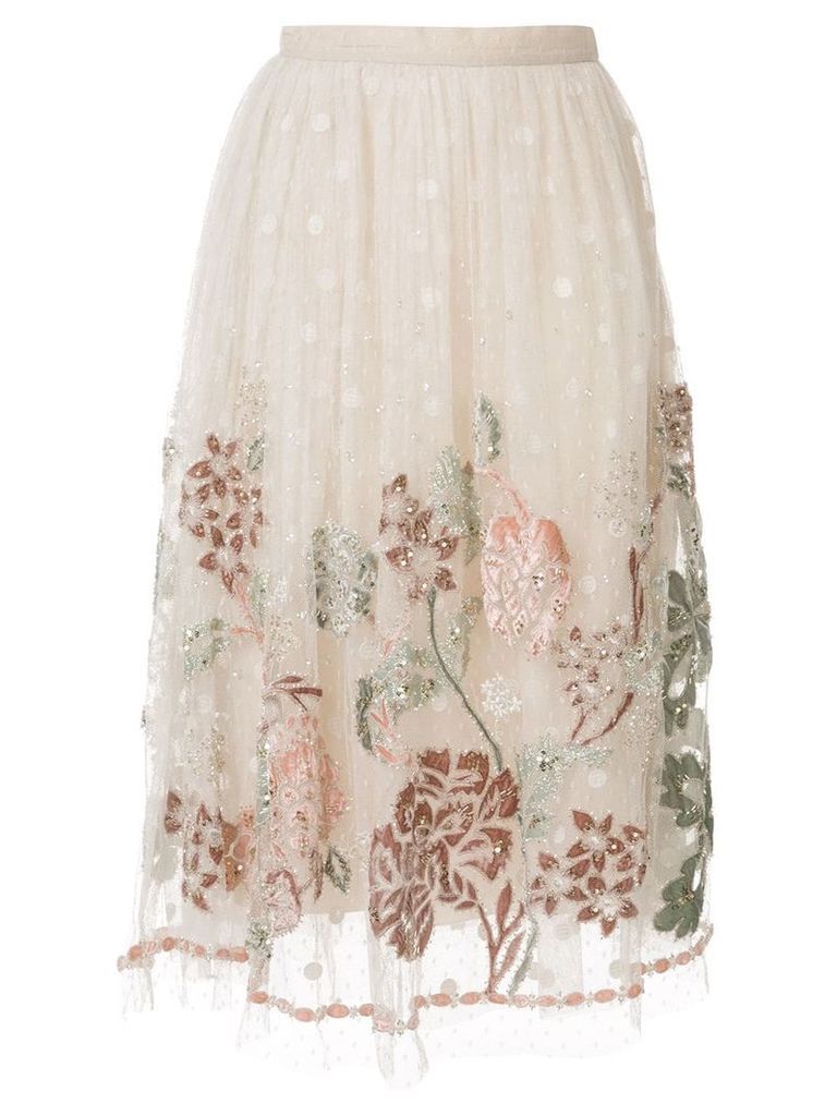 Biyan floral embroidered mesh skirt - White