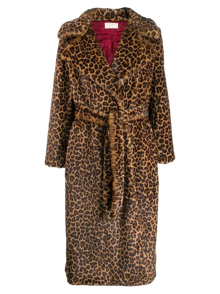 Sara Battaglia leopard print belted coat - Brown