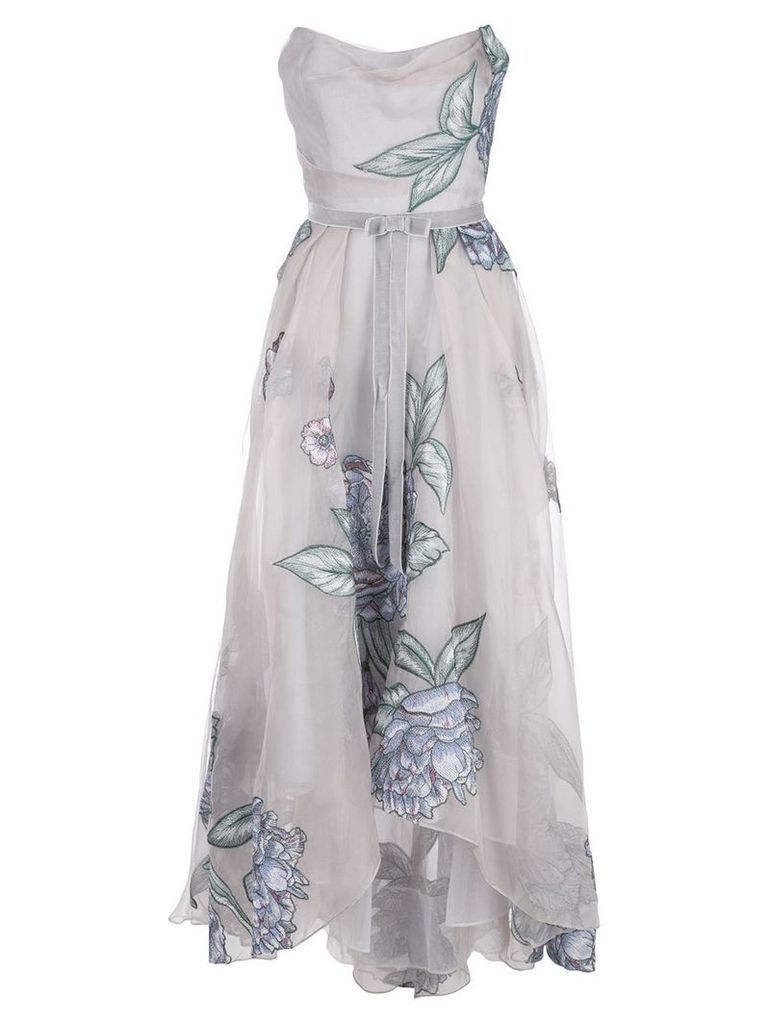 Marchesa Notte draped corset embroidered silk organza gown - SILVER