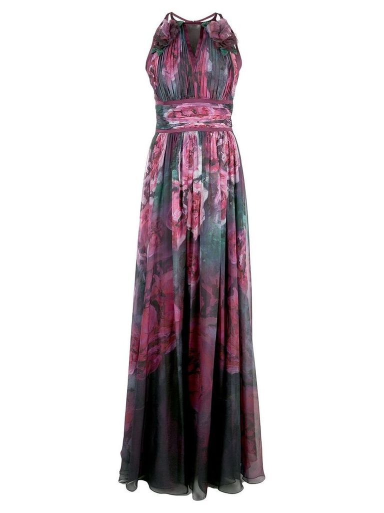 Marchesa Notte floral printed chiffon gown - PURPLE