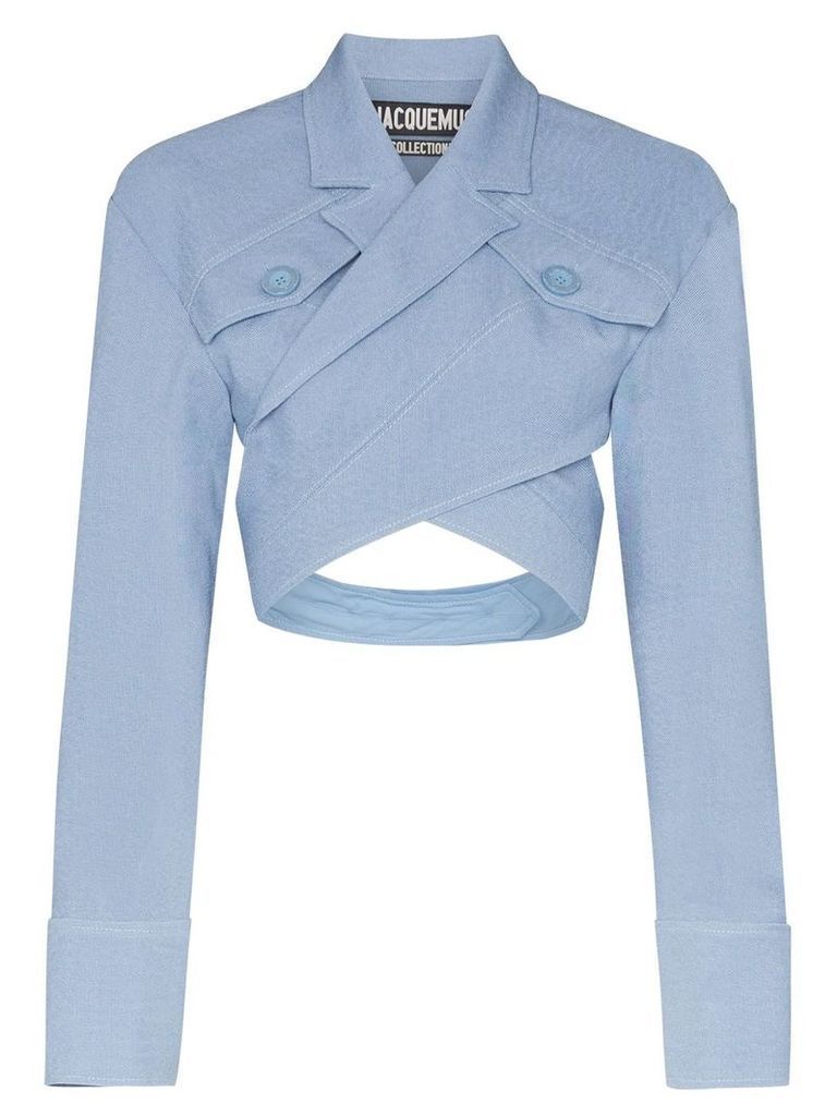 Jacquemus Cross Front Pocketed Cropped Silk Blouse - Blue