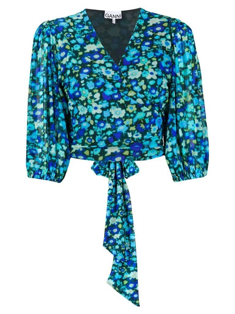 GANNI floral-print wrap blouse - Blue
