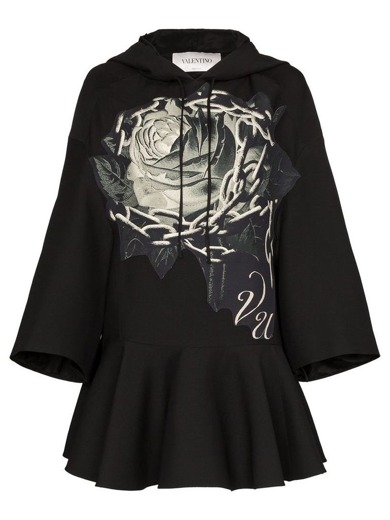 Valentino rose chain print hooded dress - Black
