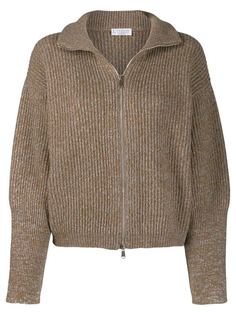 Brunello Cucinelli ribbed zip up cardigan - Brown