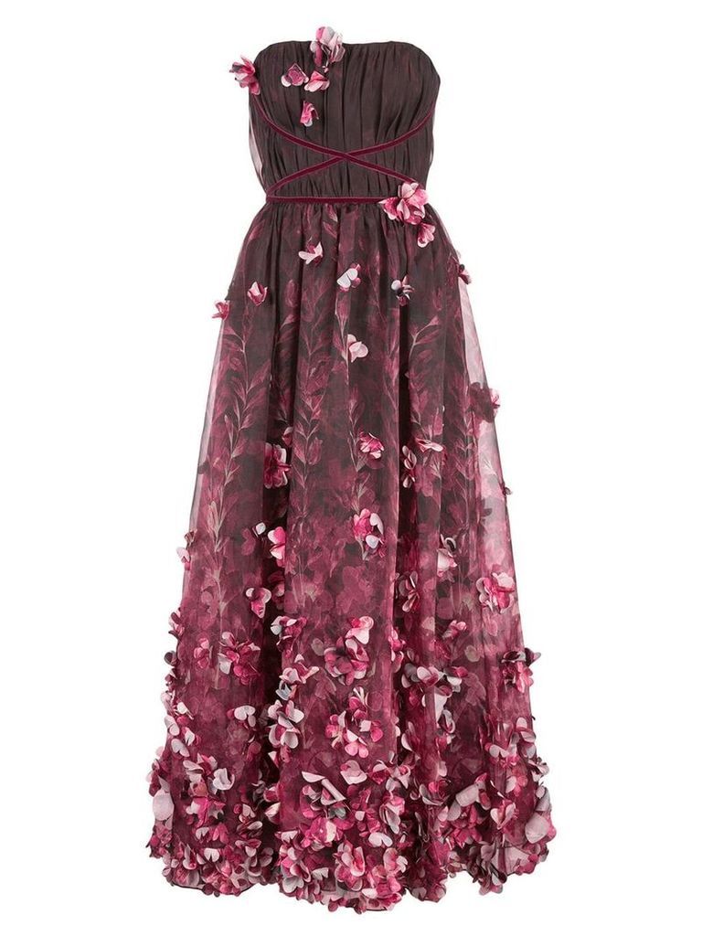 Marchesa Notte 3D draped floral print organza tea length dress -
