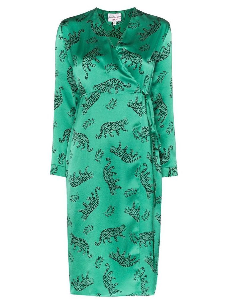 HVN leopard silk wrap dress - Green