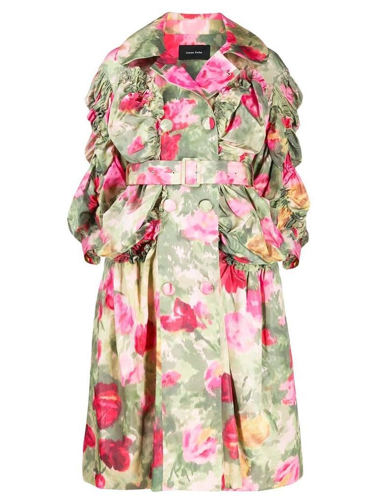 Simone Rocha ruched sleeve floral coat - Green