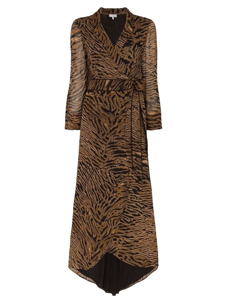 GANNI tiger print wrap dress - Brown