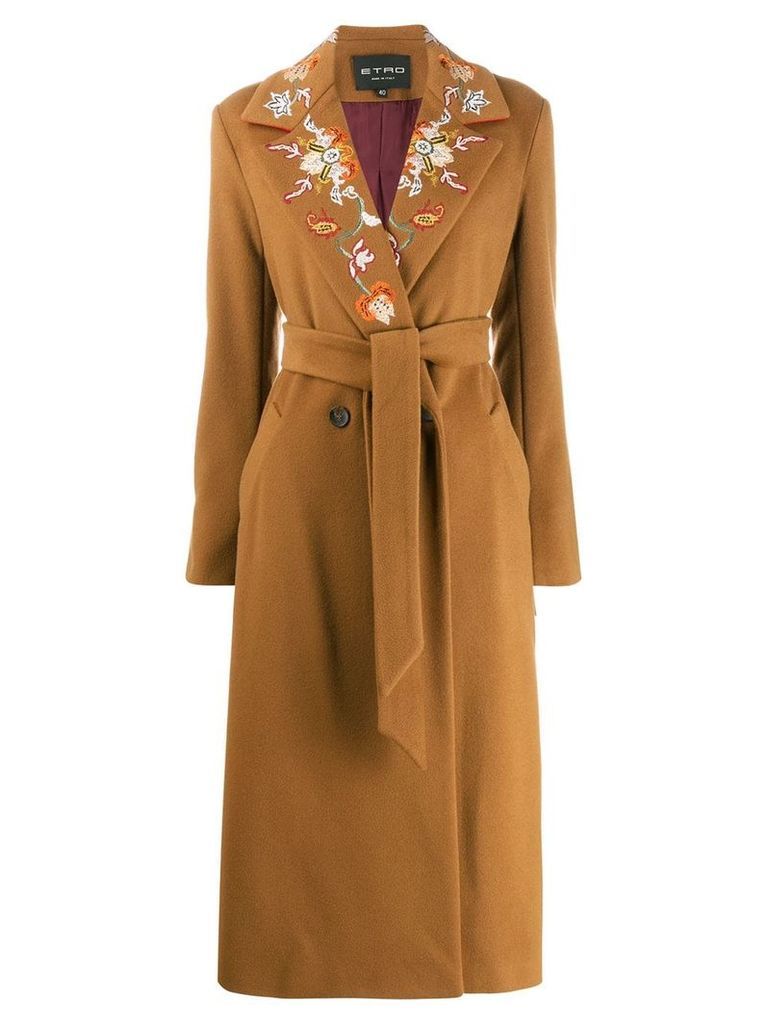 Etro floral embroidered collar coat - Brown