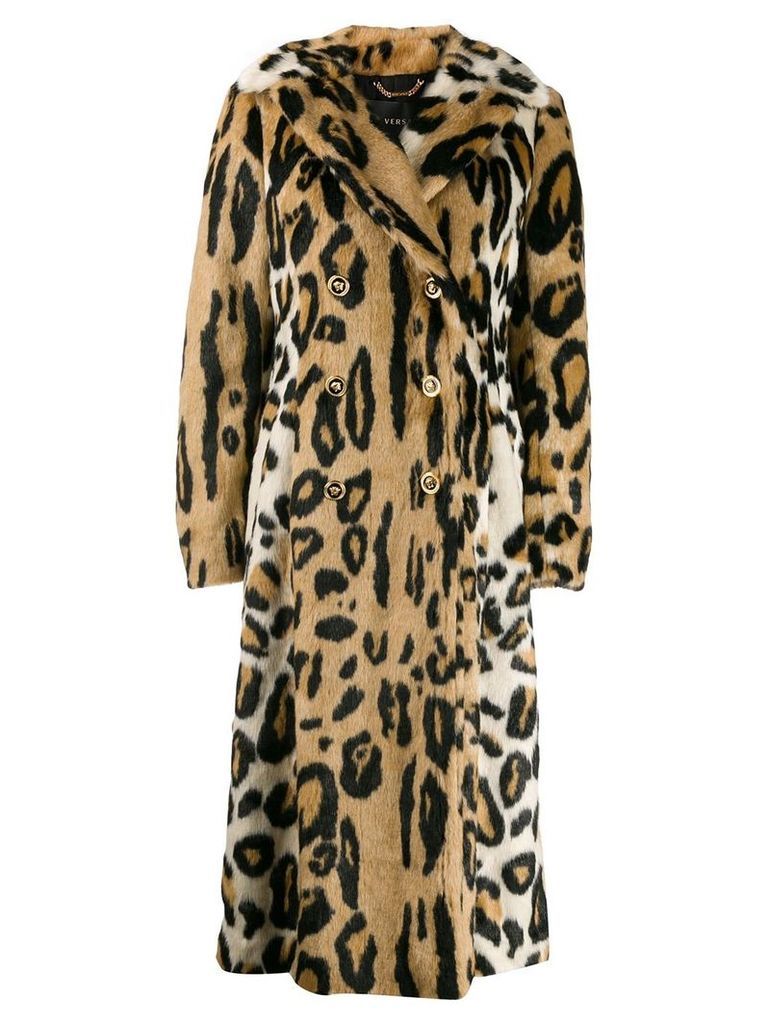 Versace leopard print double-breasted coat - Brown