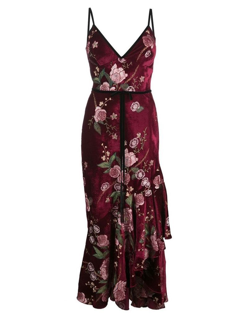 Marchesa Notte sleeveless floral embroidered velvety dress - PURPLE