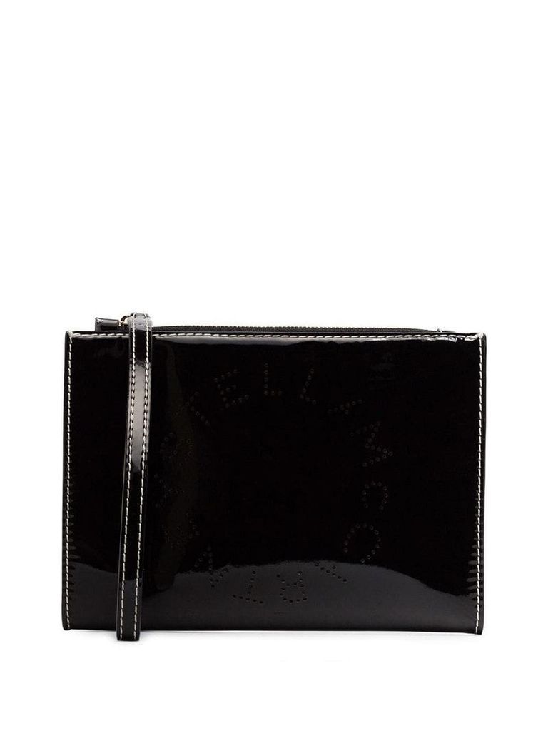 Stella McCartney Black logo print faux leather zip clutch bag - 1000