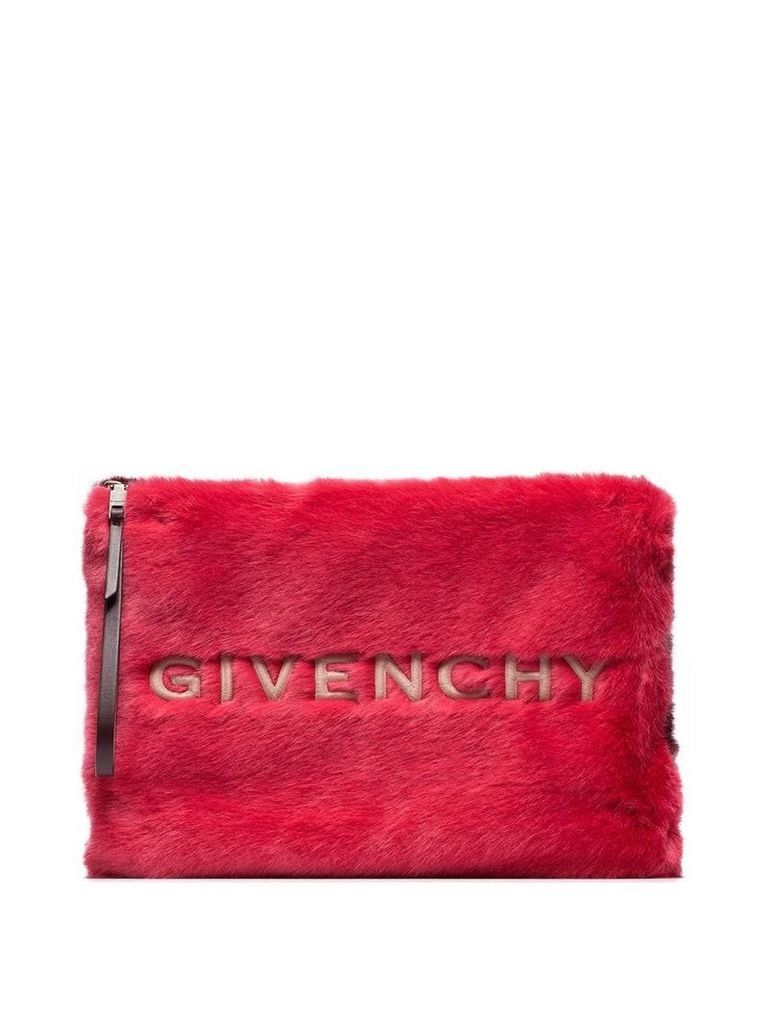 Givenchy red and white logo embroidered faux fur pouch