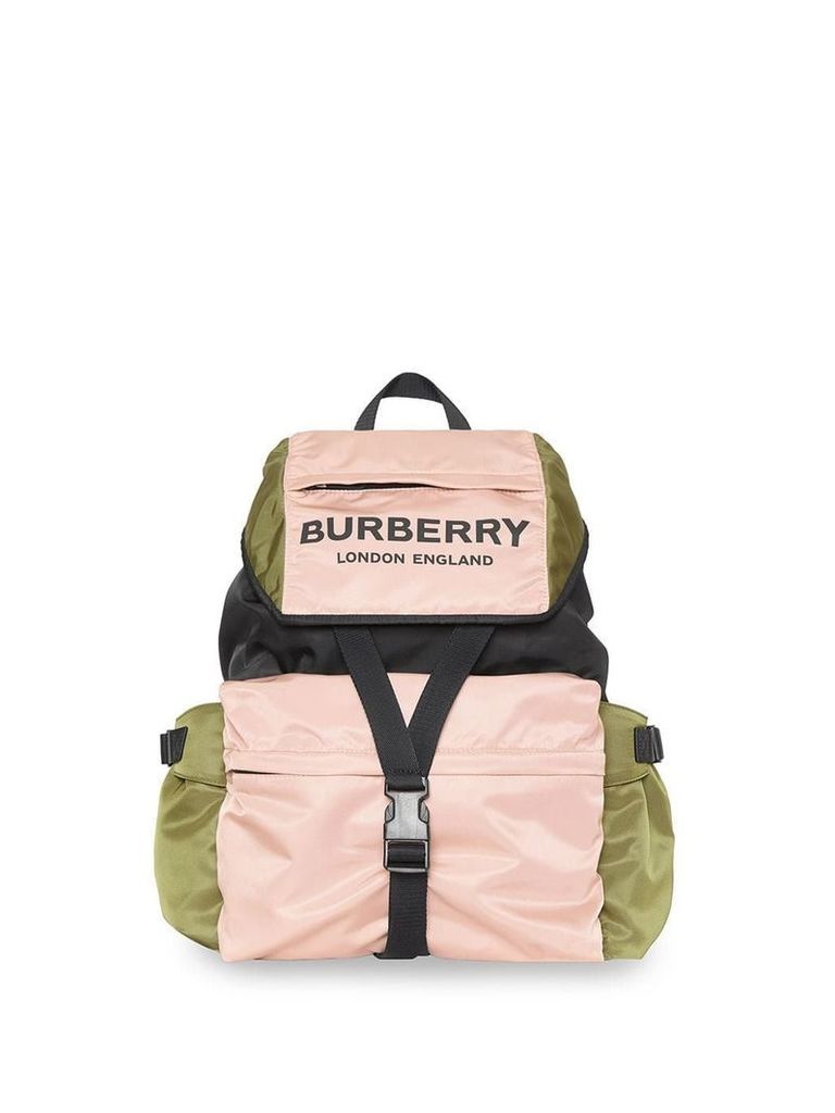 Burberry Logo Print Tri-Tone Nylon Backpack - PINK