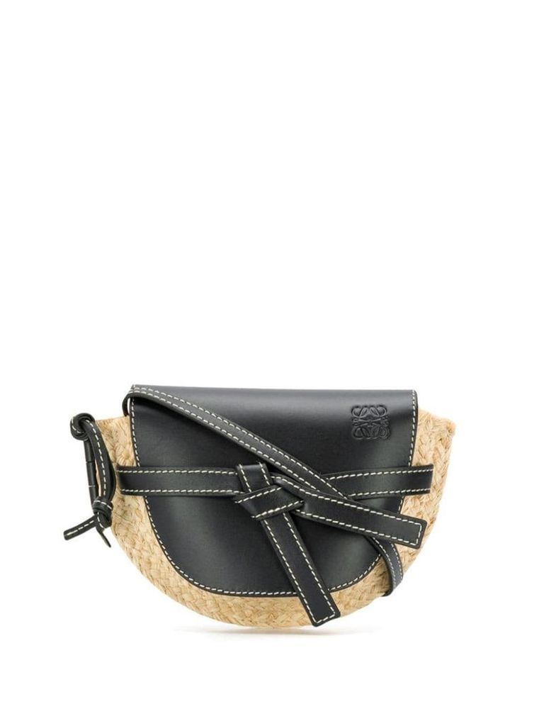 Loewe black and beige gate mini leather and raffia shoulder bag