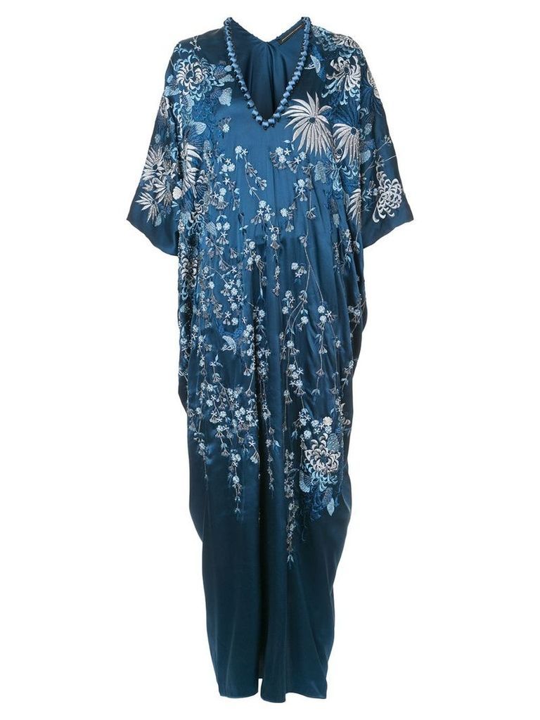 Josie Natori floral-embroidered caftan dress - Blue