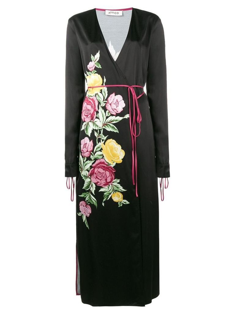 Attico Grace floral satin wrap midi dress - Black