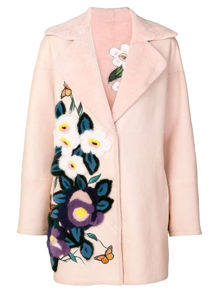 Liska floral embroidered fur coat - PINK