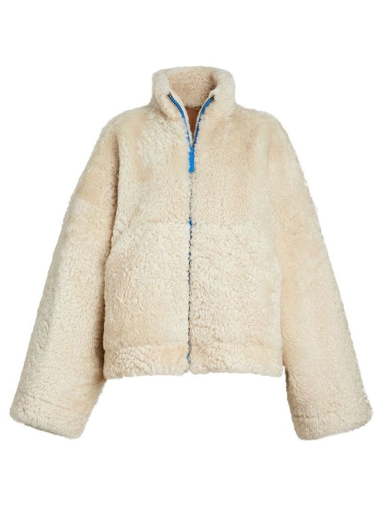 Burberry Contrast Zip Shearling Funnel-neck Jacket - White