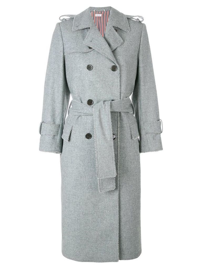 Thom Browne Pearl Trim Flannel Trench Coat - Grey