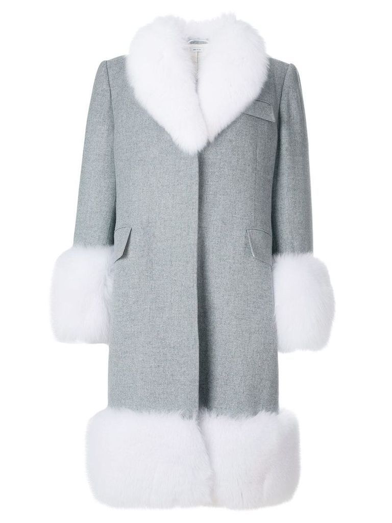 Thom Browne Oversized Flannel Chesterfield Coat With Fox Fur Trim -