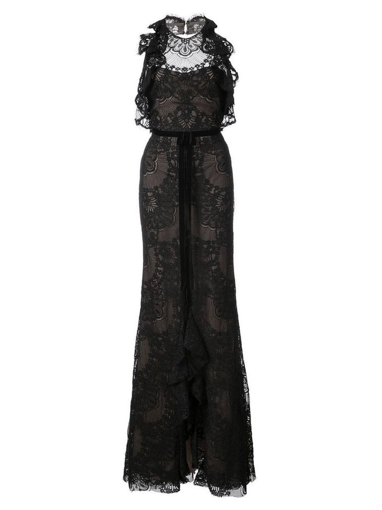 Marchesa Notte ruffled guipure lace gown - Black