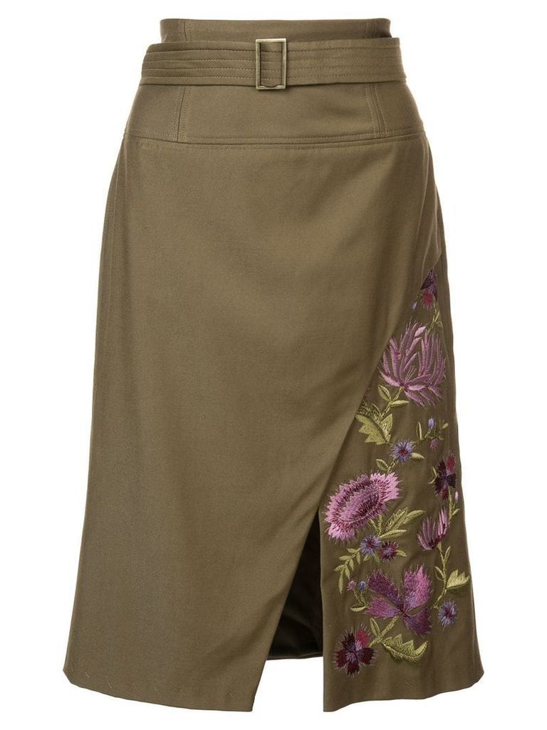 Josie Natori embroidered twill slit skirt - Green